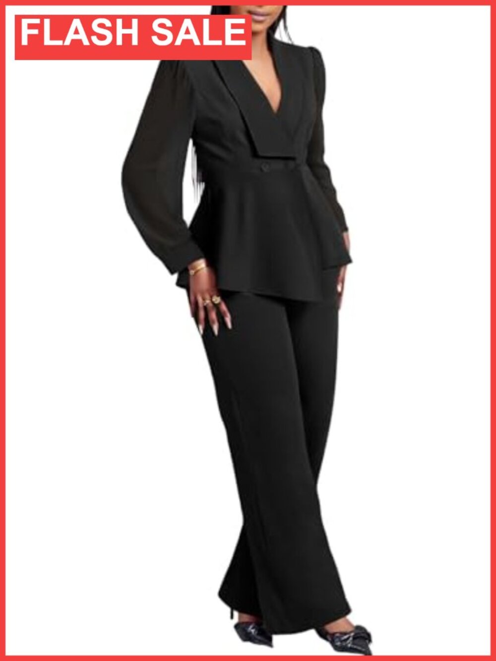 Women's Mesh Sleeve Ruffle Blazer Wide Leg Pants Suit Set